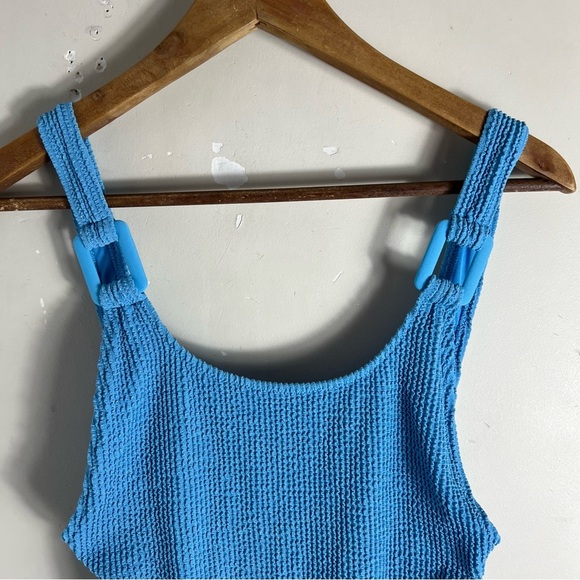 Aerie Shimmery Crinkle Birthday Scoop Cheekiest One Piece Swimsuit Sz Small Blue - Picture 4 of 11